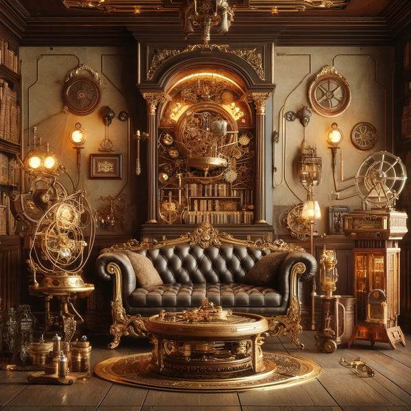 In image of a room with a leather sofa in the middle of it surrounded by steampunk style decorations.