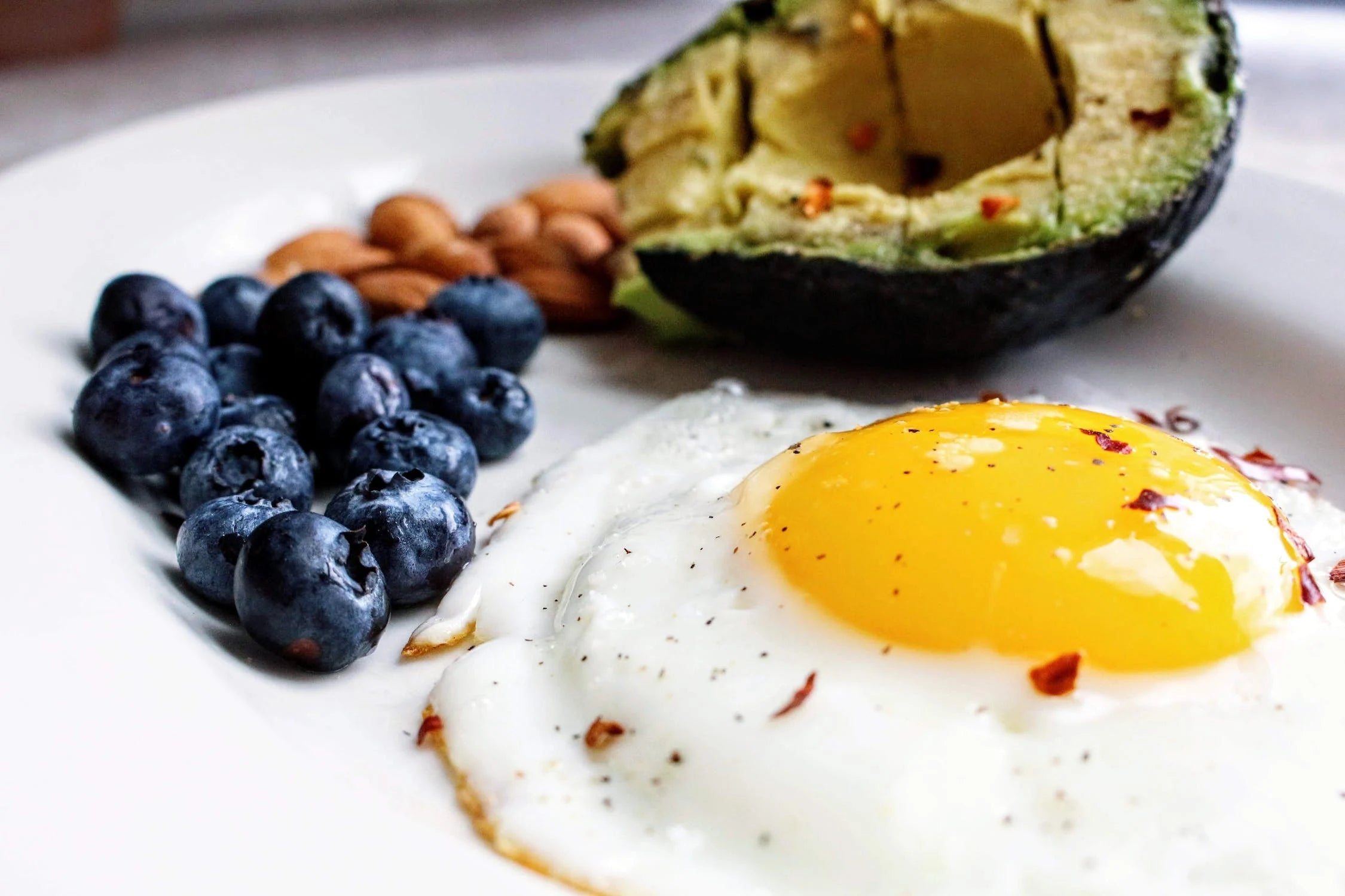 Healthy breakfast with eggs, blueberries, nuts and avocado