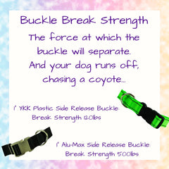 Breaking Strength of a buckle for a dogs harness or collar is the force at which the buckle will separate.