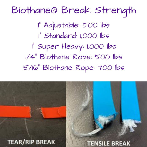 Examples of Biothane being damaged by a dog chewing in comparison to being ripped apart by testing equipment.