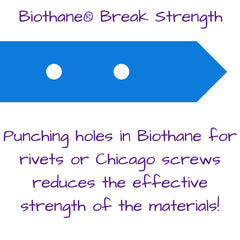 Biothane webbing tensile strength can be reduced by manufacturing methods that punch holes in the webbing.
