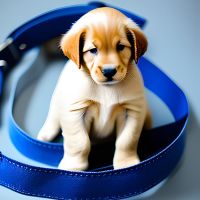 AI graphic of a yellow lab puppy sitting inside a blue collar that is way to big for it.