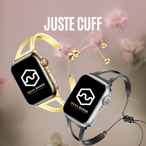 Juste Cuff Apple Watch band - Stainless steel bracelet-like strap, adjustable and sleek, adding a touch of sophistication.