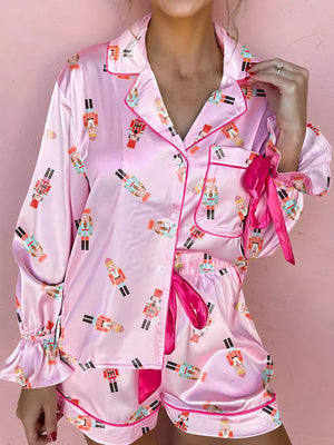 Nutcracker Print Contrast Trim Top and Shorts Pajama Set - The Trippy Department