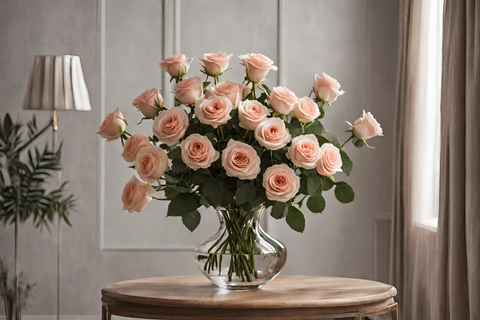 A vase with long-stemmed roses centrally located in a room, enhancing the decor.