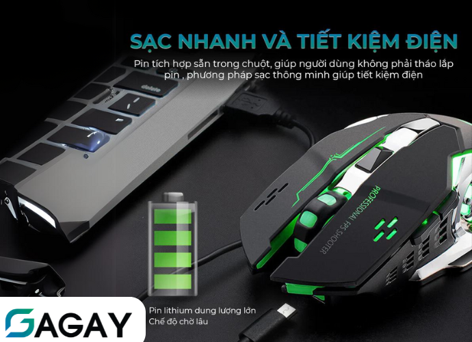 Chuột Không Dây Gaming Wolf X8 LED 7 Màu RGB, Pin Có Thể Sạc Dùng Cực Lâu, Chuột Chơi Game Không Dây