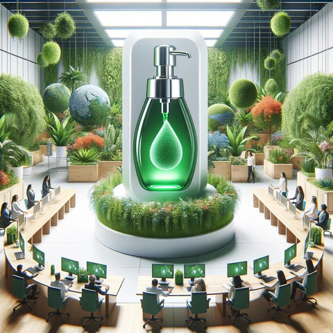 Produit d'hygiène éco-conçu mis en valeur dans un bureau vert.