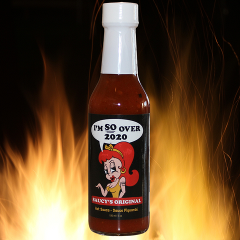 Picture of I'm So Over 2020 hot sauce with fire background