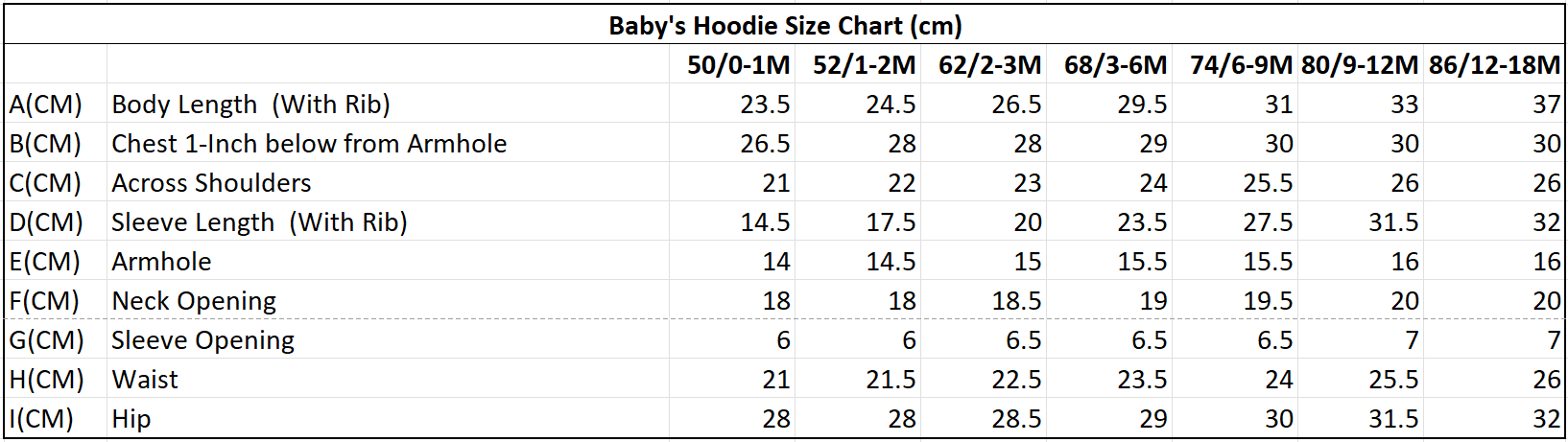 Baby Hoodie Size Chart