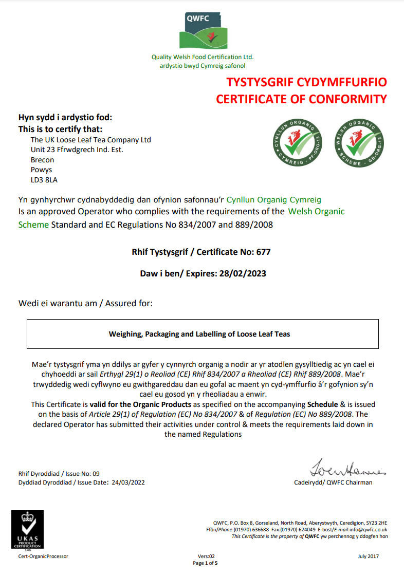 Uk Loose Leaf tea Company Organic Certificate