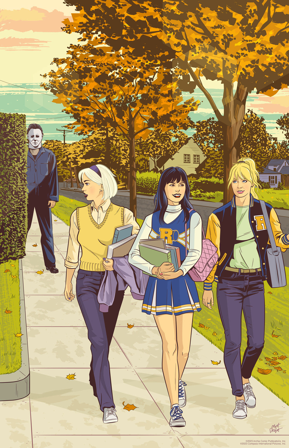 Art print by artist Matt Talbot of Halloween character Michael Myers watching Sabrina, Betty and Veronica from behind a hedge