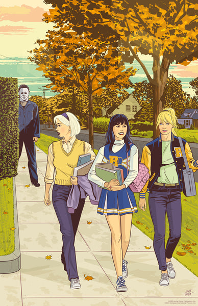 Michael Myers behind a hedge, stalking Sabrina, Betty, and Veronica.