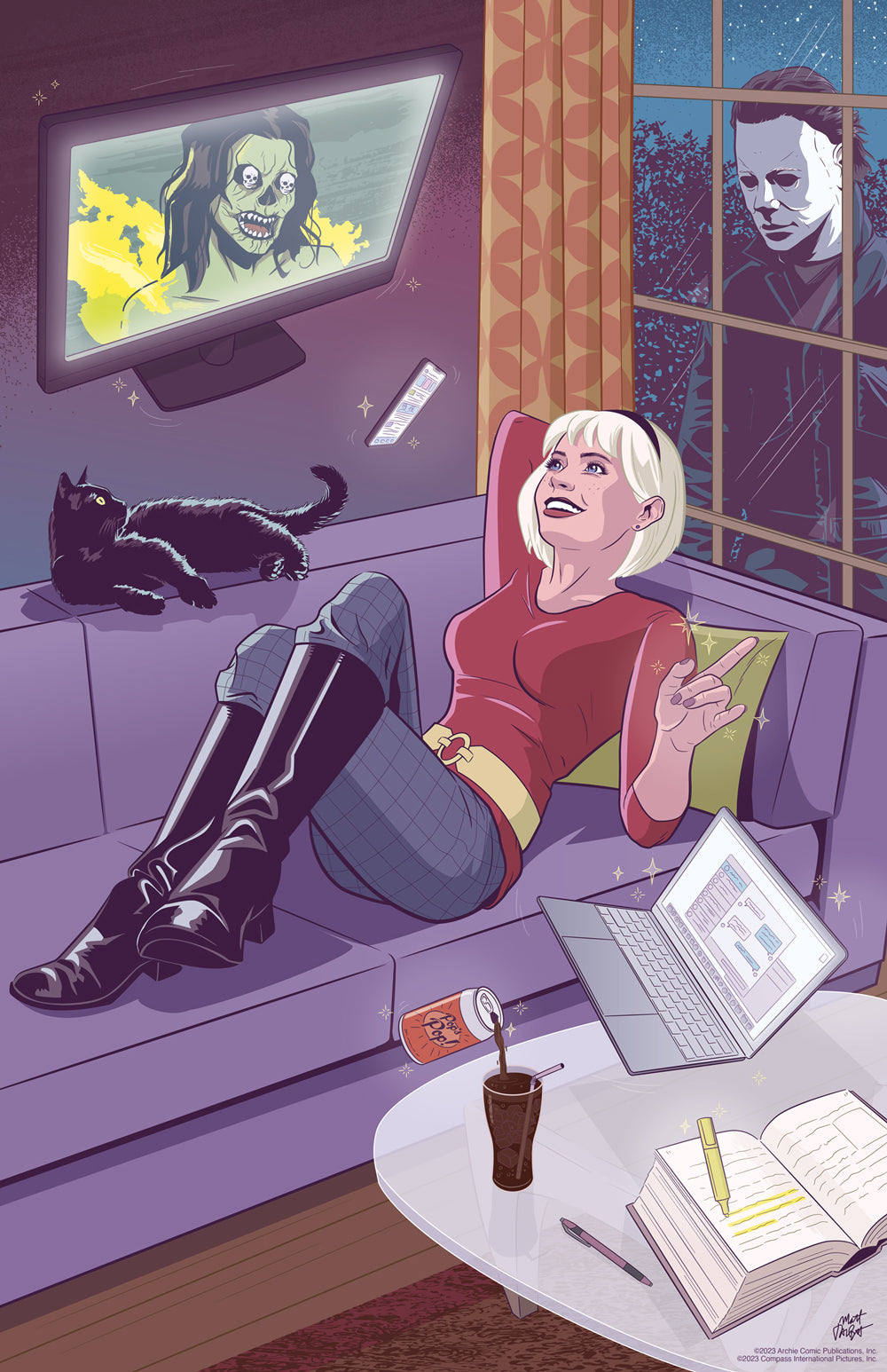 Art print by artist Matt Talbot of Sabrina the Teenage Witch on a couch, watching a TV displaying Madam Satan. Salem the cat is noticing that Michael Myers is standing outside, watching them from the window.