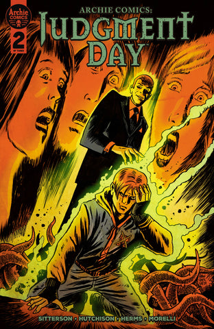 Variant Cover for Judgment Day #2 by Francesco Francavilla. The Demon Alistair is standing over Archie with images of Betty and Veronica in the background.