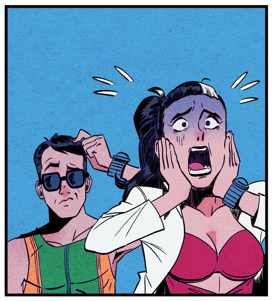 Alexandra Cabot is holding her face and yelling while her twin brother, Alex, stands behind her. Art by Ryan Jampole and Matt Herms.