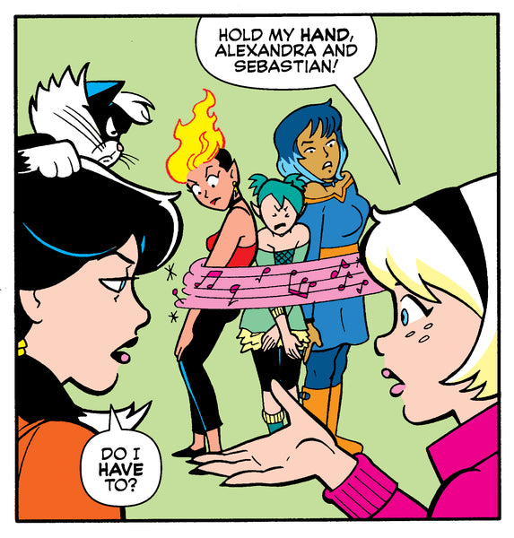 The Wicked Trinity are tied up while Sabrina tries to get Alexandra Cabot and her cat Sebastian to hold her hand for a spell. Art by Holly G!, Jack Morelli, and Glenn Whitmore