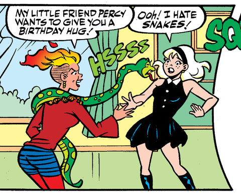 Amber attacking Sabrina and Salem with her snake, Percy. Art by Dan Parent, Bob Smith, Glenn Whitmore, and Jack Morelli.