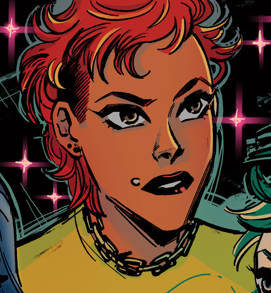 Amber Nightstone wearing a yellow shirt. Art by Lisa Sterle and Ellie Wright.