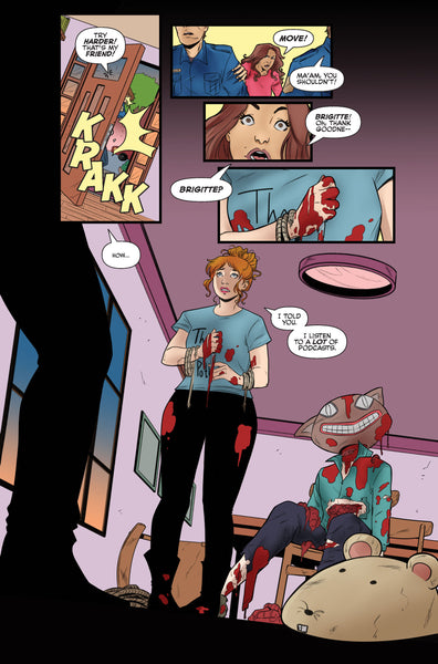 Brigitte with bloodied hands as a masked assailant lies unconscious behind her, from BETTY: THE FINAL GIRL. Story by Casey Gilly, art by Carola Borelli.