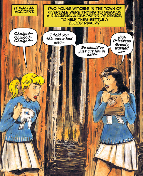 Betty and Veronica in the woods together, holding books and casting a spell. Art by Robert Hack.