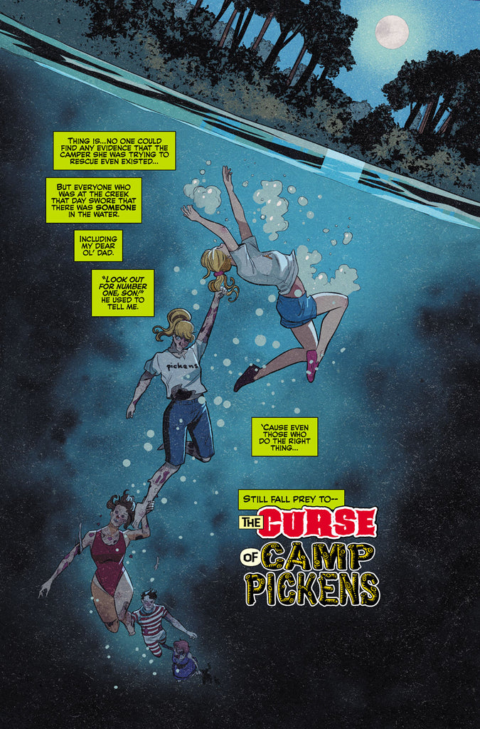 Betty is underwater, joined by numerous drowned ghosts in a scene from Camp Pickens.