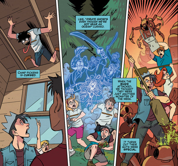 Panels from CAMP PICKENS, featuring a creepy camper on the ceiling, a ghost pirate, and giant mutant bugs. Story by Jordan Morris, art by Diana Camero.