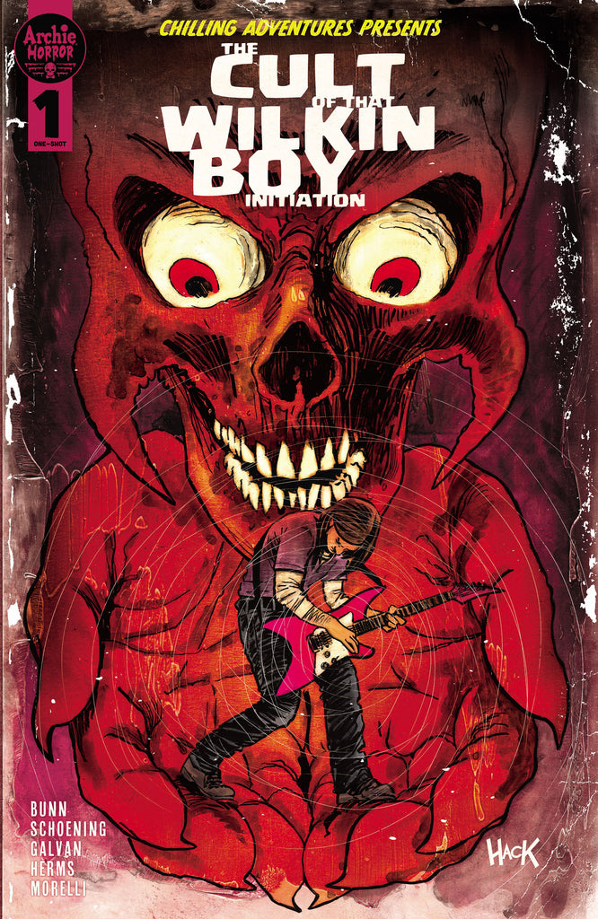 Variant cover for The Cult of That Wilkin Boy: Initiation. Bingo is playing guitar in front of a big red demon face. Art by Robert Hack.