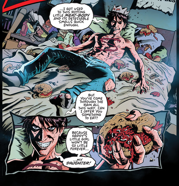 Possessed Jughead in bed, scarred and bloodied, with a creepy smile. From JINX: A CURSED LIFE. Story by Magdalene Visaggio, art by Craig Cermak.