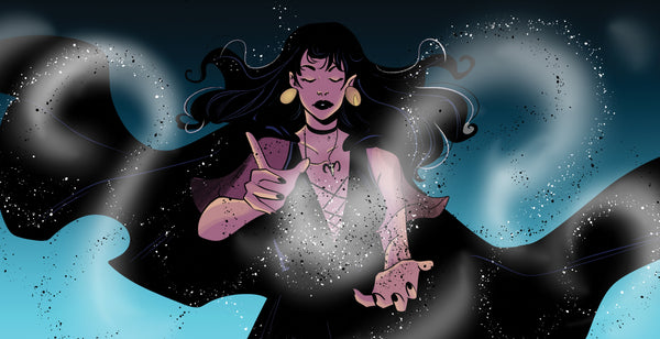 Darla Lang aka Darkling wearing a cloak and casting a spell. Art by Carola Borelli and Ellie Wright.