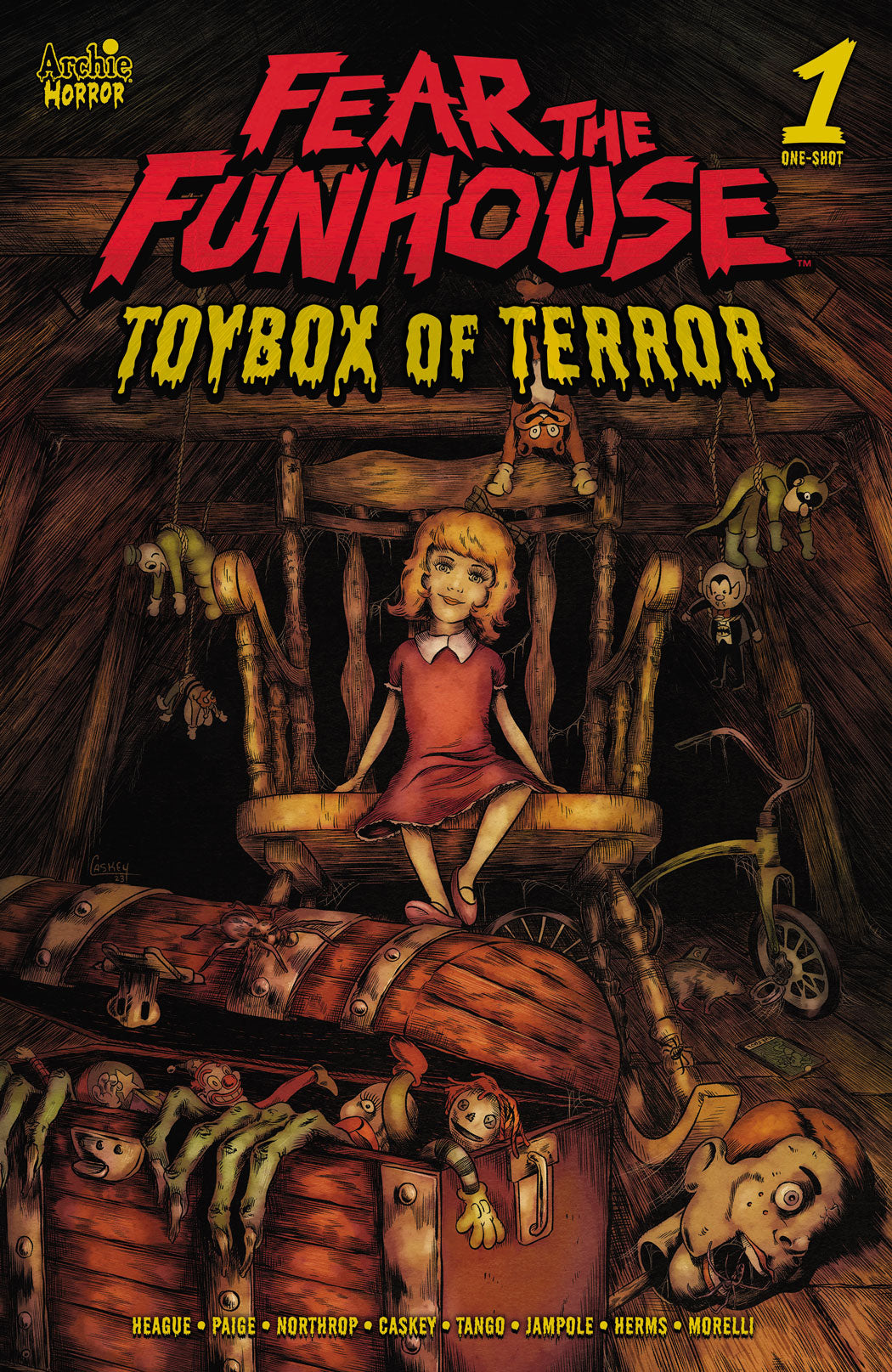 Main cover for Fear the Funhouse Presents: Toybox of Terror featuring a scary blonde doll a sitting atop an ajar toybox. Art by Ryan Caskey.