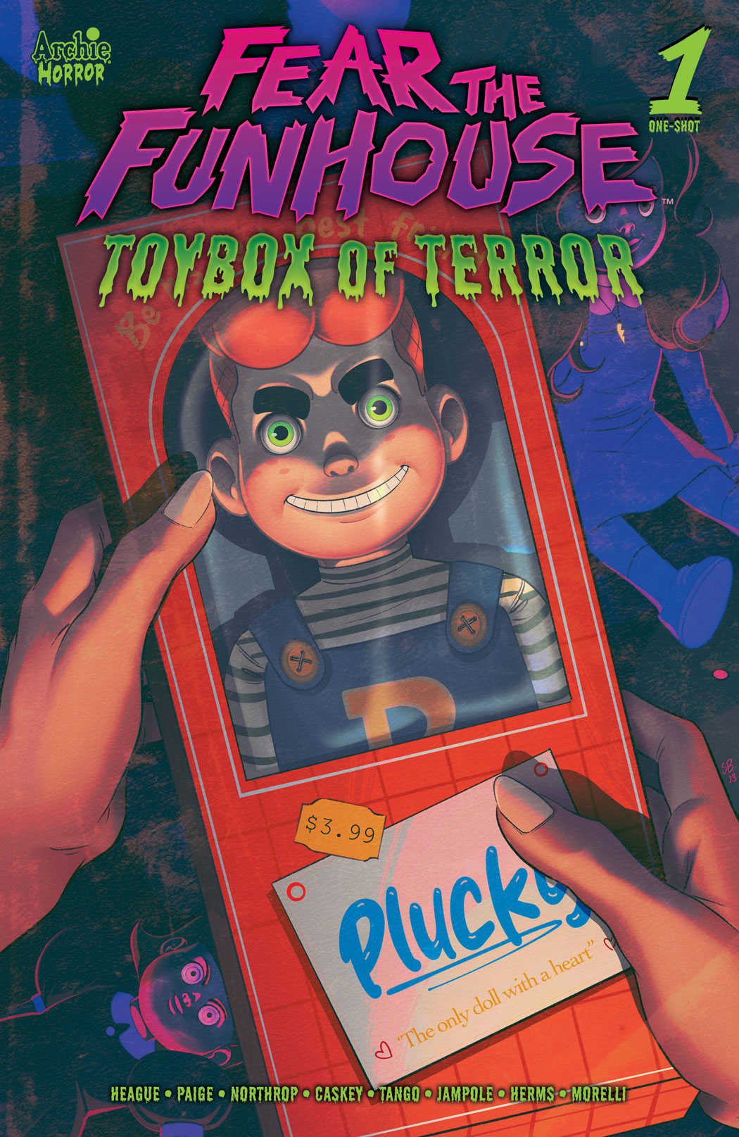 Fear the Funhouse Presents: Toybox of Terror Variant cover by Sweeney Boo. A doll in the style of Chucky that looks like Archie is in a plastic box that reads "Plucky."
