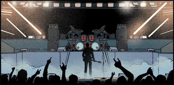 A panel from The Cult of That Wilkin Boy: Initiation with art by Dan Schoening, Ben Galvan, and Matt Herms. Bingo's silhouette stands center stage in front of an audience, holding a guitar.