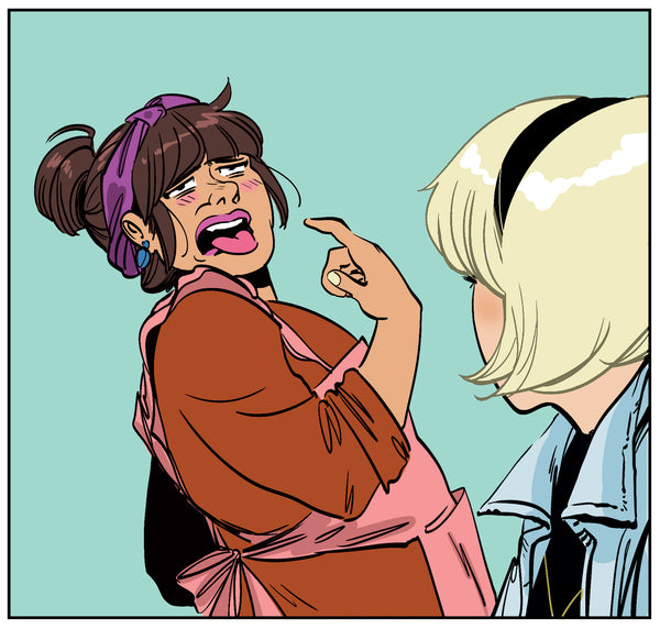 Hilda Spellman pointing to her mouth and making a grossed-out face. Art by Veronica Fish.
