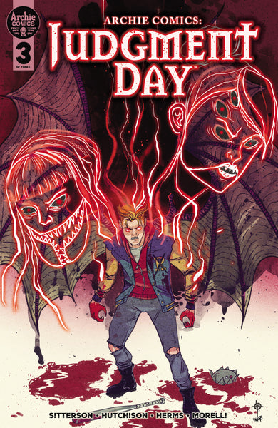 A bloodied Archie stands in front of demons. Art by Megan Hutchison for the main cover of Judgment Day #3