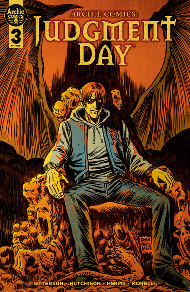 A weathered Archie sits smirking on a throne. Variant cover art for Judgment Day #3 by Francesco Francavilla.