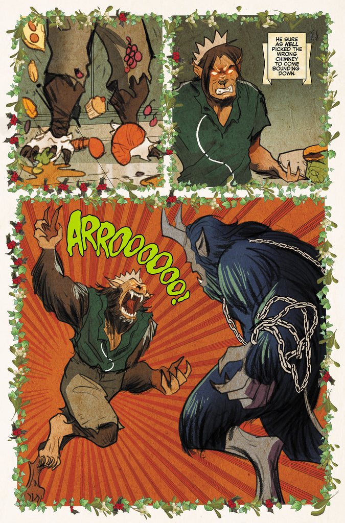 Page from "Happy Horror Days" featuring Jughead as a werewolf battling Krampus. Art by Joe Eisma and Matt Herms.