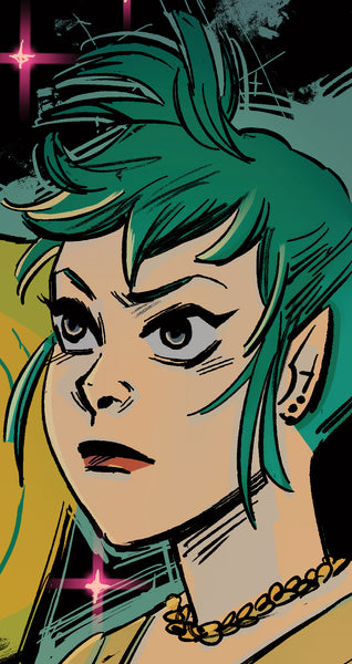Jade Kazane, a witch with green hair. Art by Lisa Sterle and Ellie Wright.