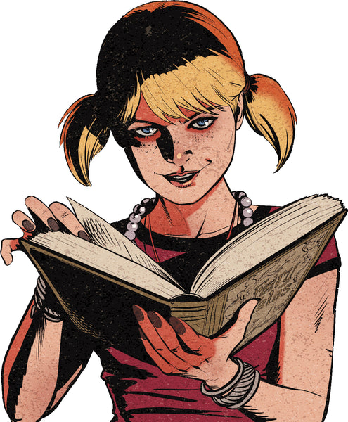 Jinx Holliday smirking while reading from a large book. Art by Craig Cermak and Matt Herms.