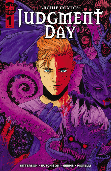Main cover for ARCHIE COMICS: JUDGMENT DAY #1, featuring Archie surrounded by purple and blue-toned demons, art by Megan Hutchison.