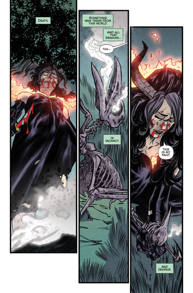 Madam Satan mourning her deceased pet crow in MADAM SATAN: HELL ON EARTH. Story by Eliot Rahal, Art by Vincenzo Federici