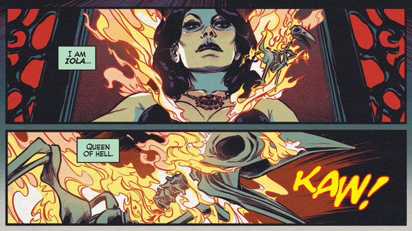 Images of Madam Satan on a fiery throne, alone with her skeletal familiar, Crow. Art by Vincenzo Federici and Matt Herms.