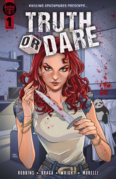 Main cover art for Truth or Dare by Laura Braga. Trula Twyst is brandishing a bloody knife in a bedroom with stuffed animals and blood splatter behind her.