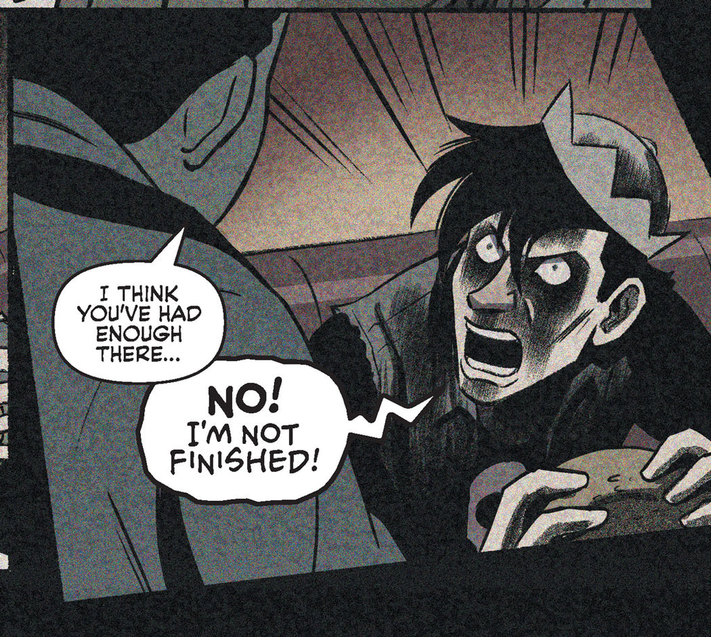 A panel from the "Chilling Adventures in Sorcery" one-shot comic. Jughead is angrily eating a burger and yelling at Pop Tate that he's not done yet.