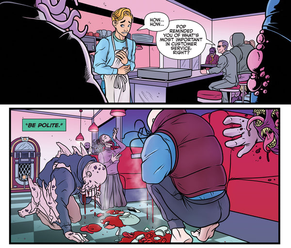 Kevin Keller working at Pop's, serving alien-monsters who are eating blood and entrails off the floor. From Pop's Chock'lit Shoppe of Horrors. Story by Ryan Cady, art by Chris Panda.