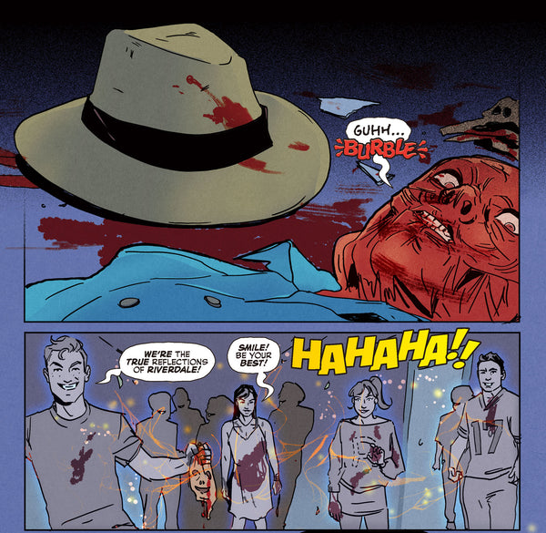 Image of a dying, bloodied Mayor Glibb in front of happy, mirror-world residents, from WELCOME TO RIVERDALE. Story by Amy Chase, Art by Liana Kangas.