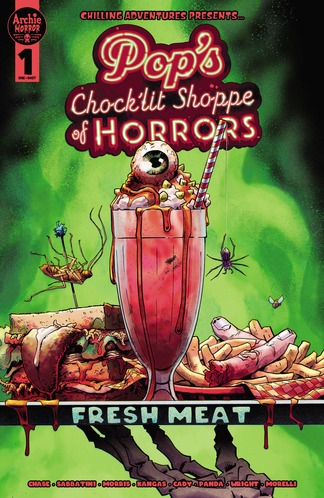 Main cover of Pop's Chock'lit Shoppe of Horrors: Fresh Meat, featuring a creepy red milkshake with an eyeball and other creepy-crawlies, against a green background. Art by Adam Gorham.