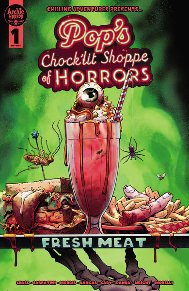 Cover art for Pop's Chock'lit Shoppe of Horrors: Fresh Meat. A hand is serving a milkshake with an eyeball in it, along with various entrails and insects against a green background. Art by Adam Gorham.