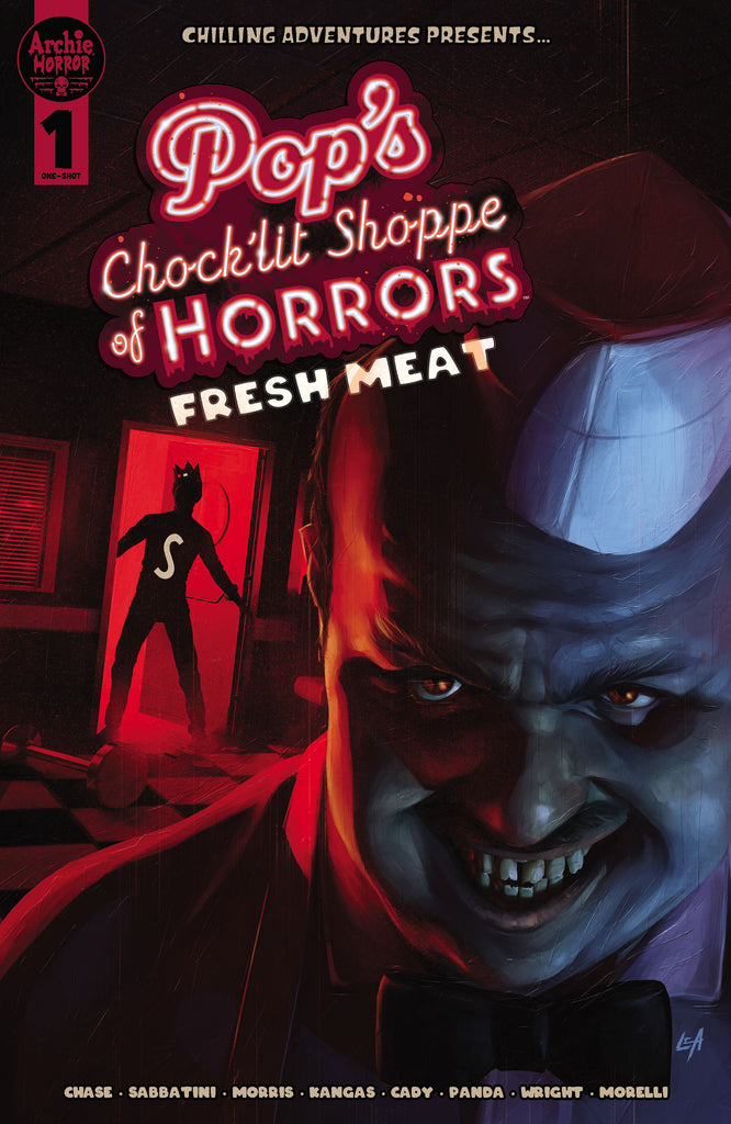 Variant cover of Pop's Chock'lit Shoppe of Horrors: Fresh Meat, featuring a sinister-looking Pop with Jughead in the doorway behind him, bathed in red light. Art by Aaron Lea.