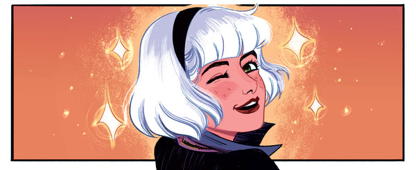 Sabrina the Teenage Witch is looking back at the reader and winking, against an orange background. Art by Veronica Fish.