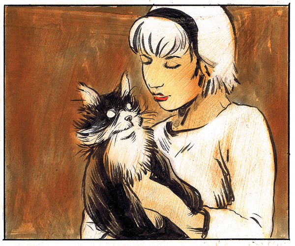 Sabrina wearing a white sweater and holding her cat Salem. Art by Robert Hack.